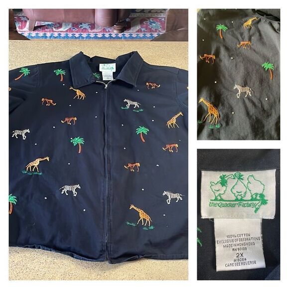 Embroidered jungle critters zip up black cotton jacket / shacket - Picture 2 of 16